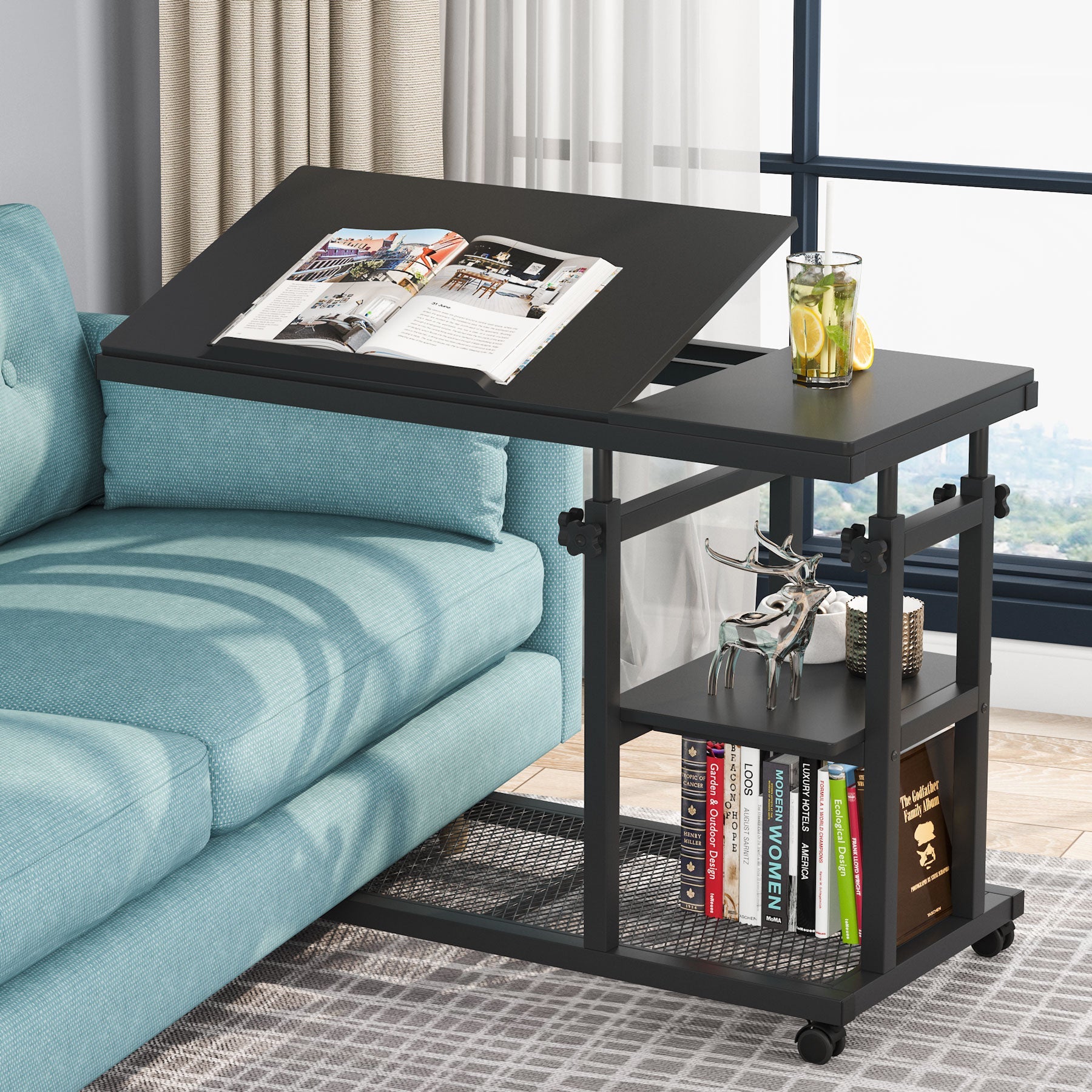 Height Adjustable C Table, Mobile Side Table with Tiltable Drawing Board