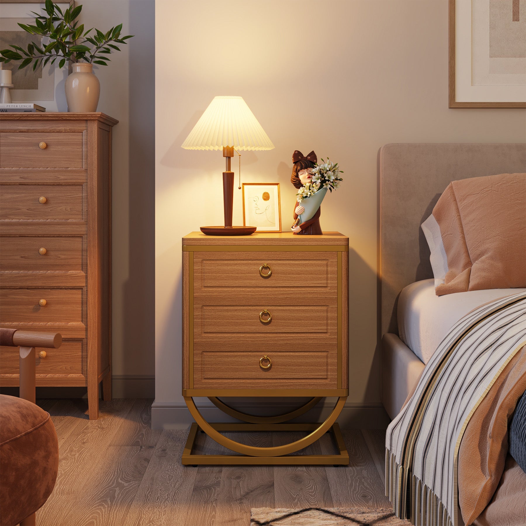 3 Drawers Nightstand, Modern Wood Bedside Table with Metal Frame