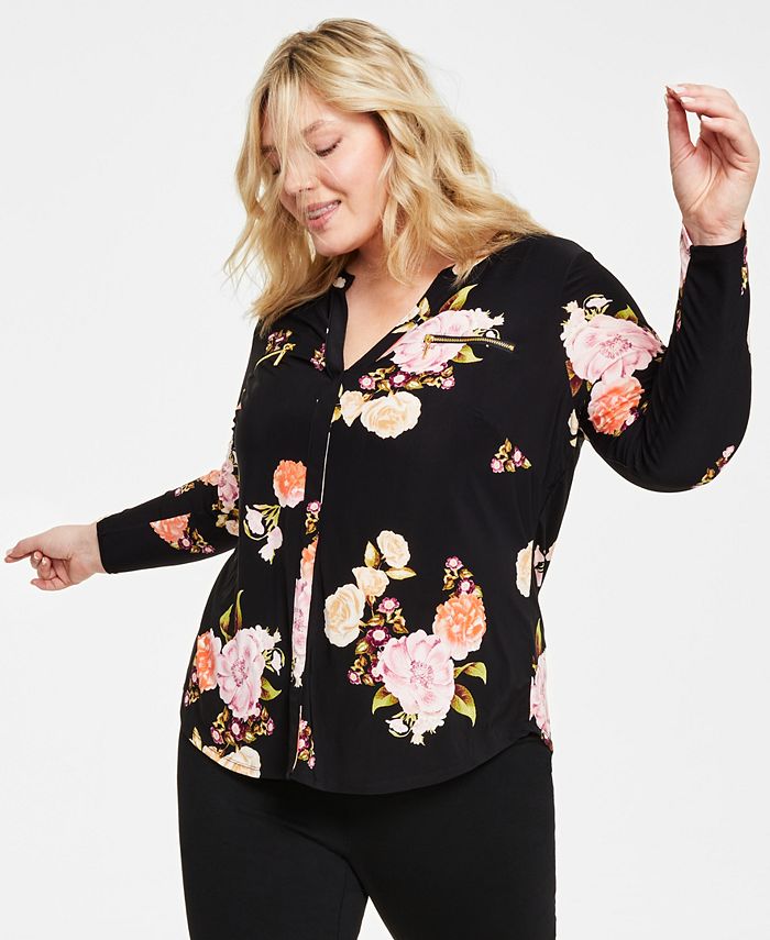 Plus Size Split-Neck Floral-Print Top, Created for Macy's
