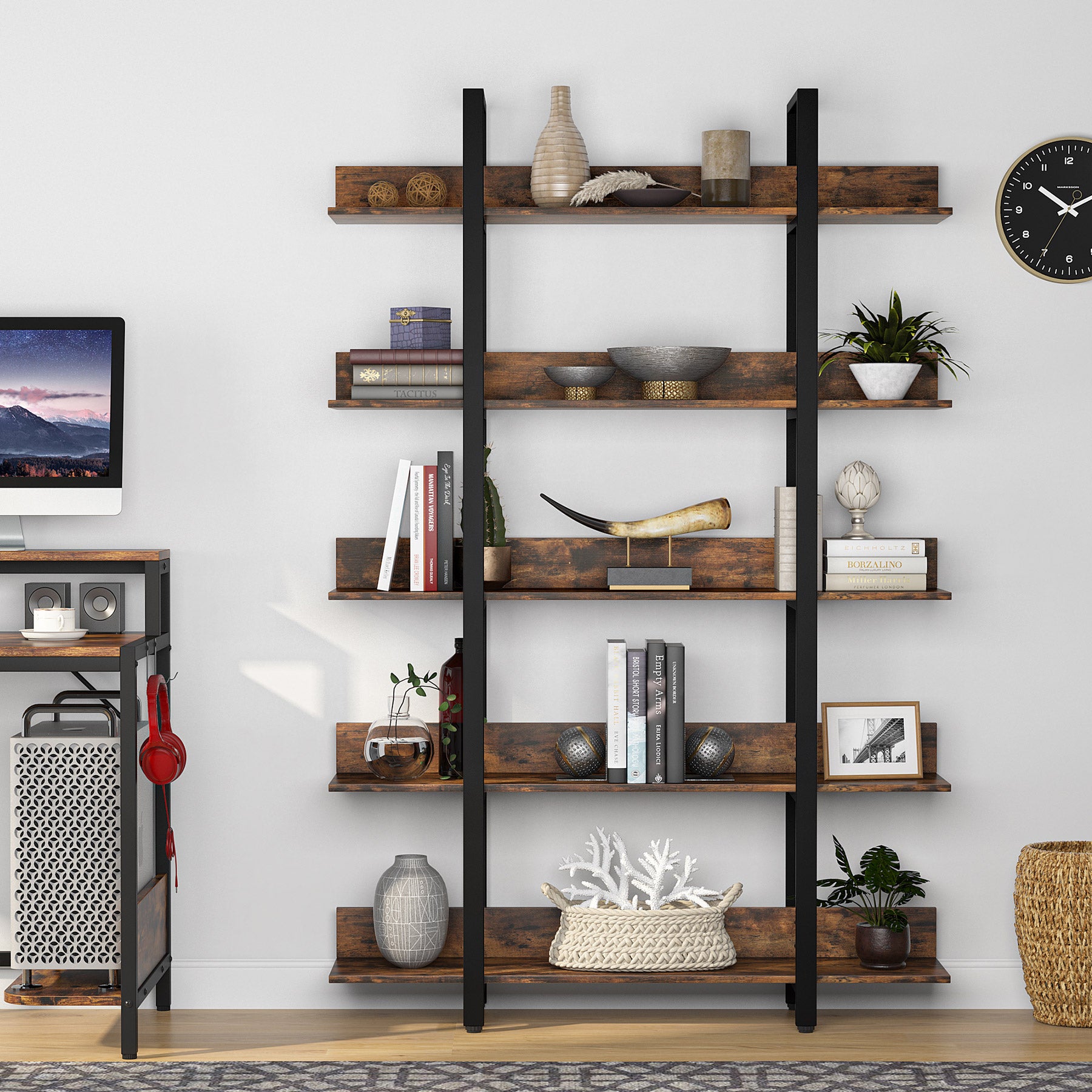 5-Tier Bookshelf, Industrial 5-Shelf Etagere Bookcase