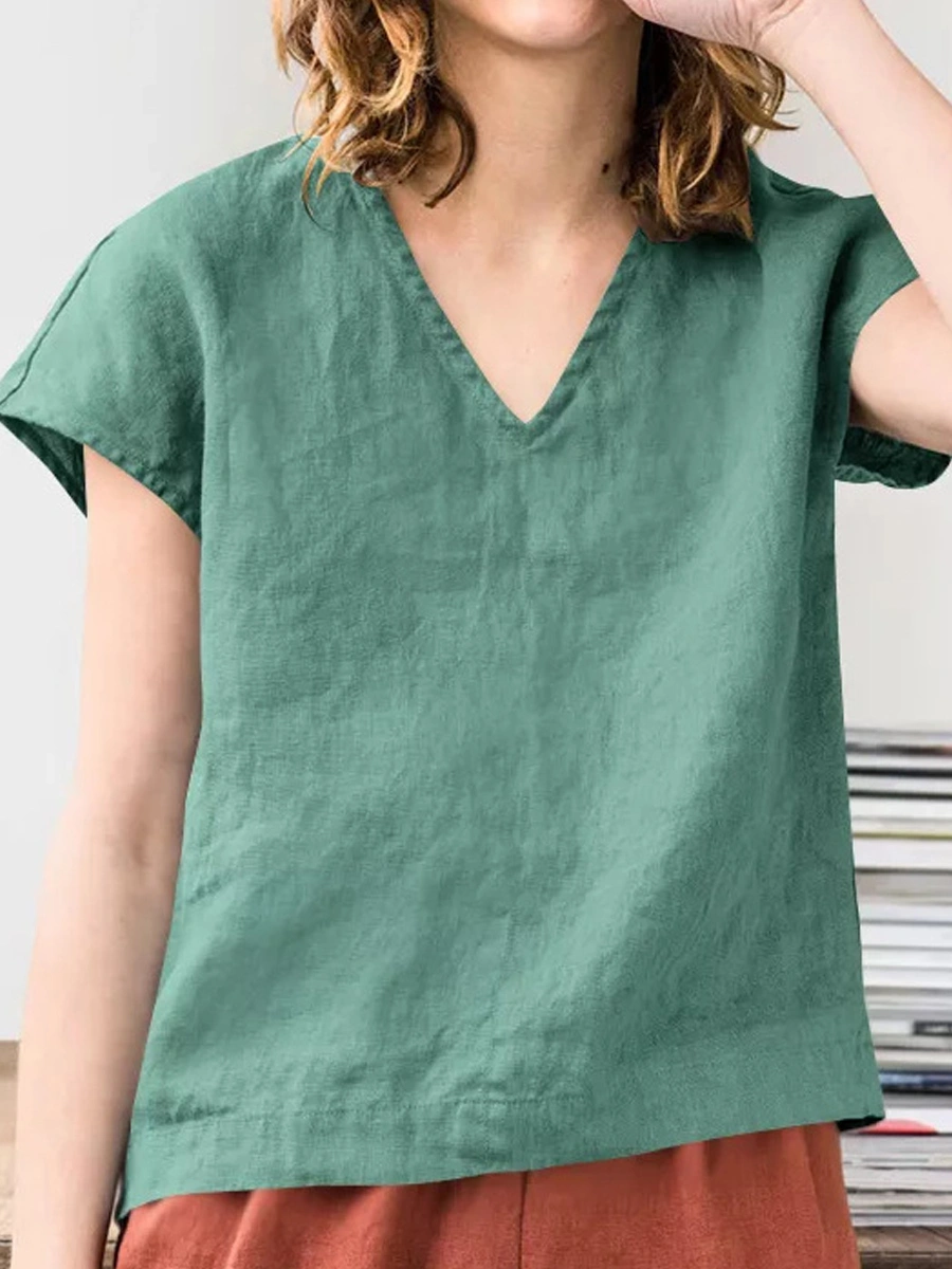 Casual Solid Color V-Neck Short Sleeve Blouse