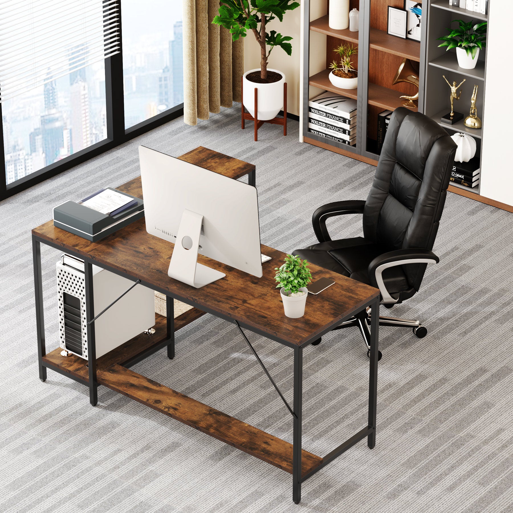 Reversible L-Shaped Desk, Corner Computer Desk with Storage Shelves