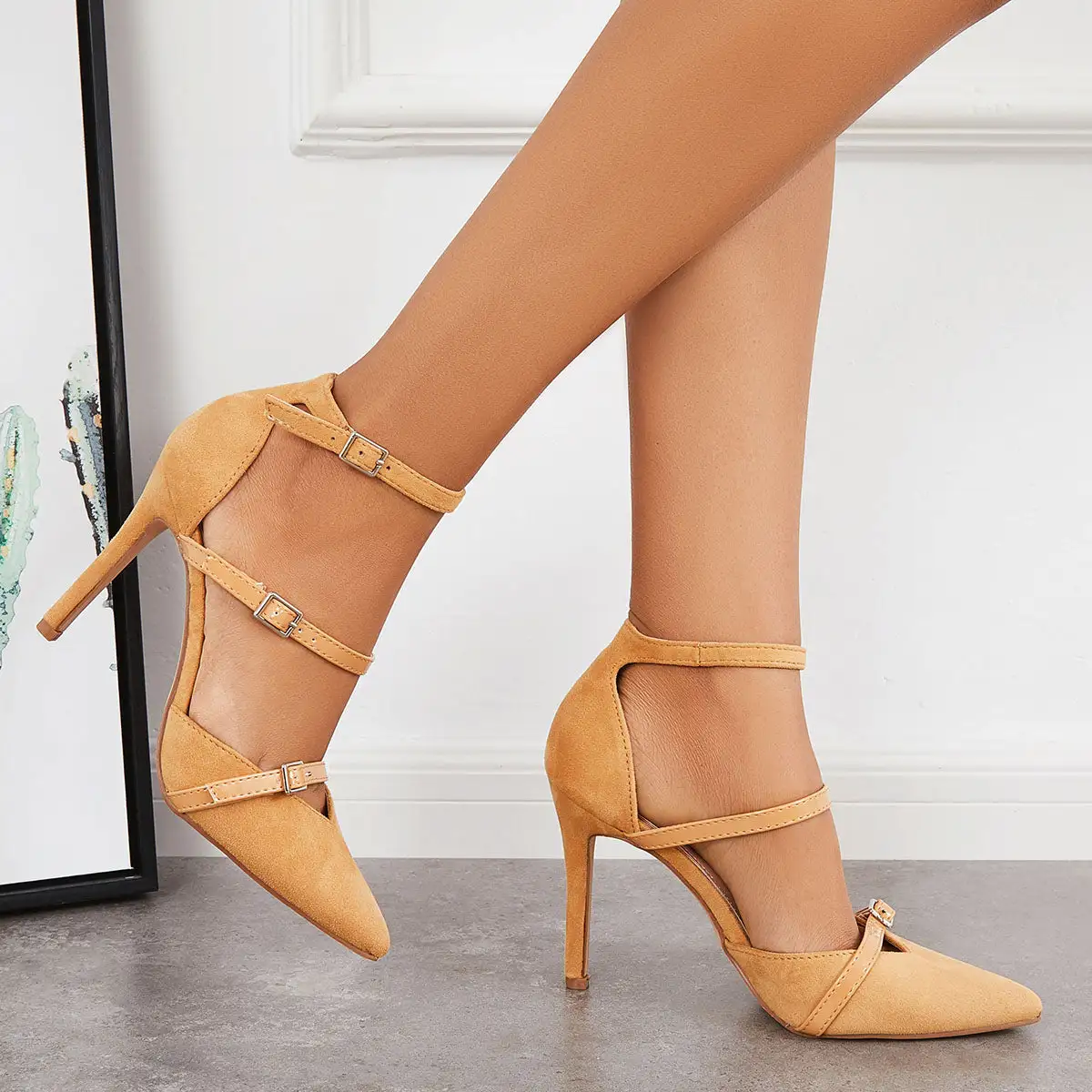 Chic Pointed Toe Stiletto High Heels Ankle Strap Pumps