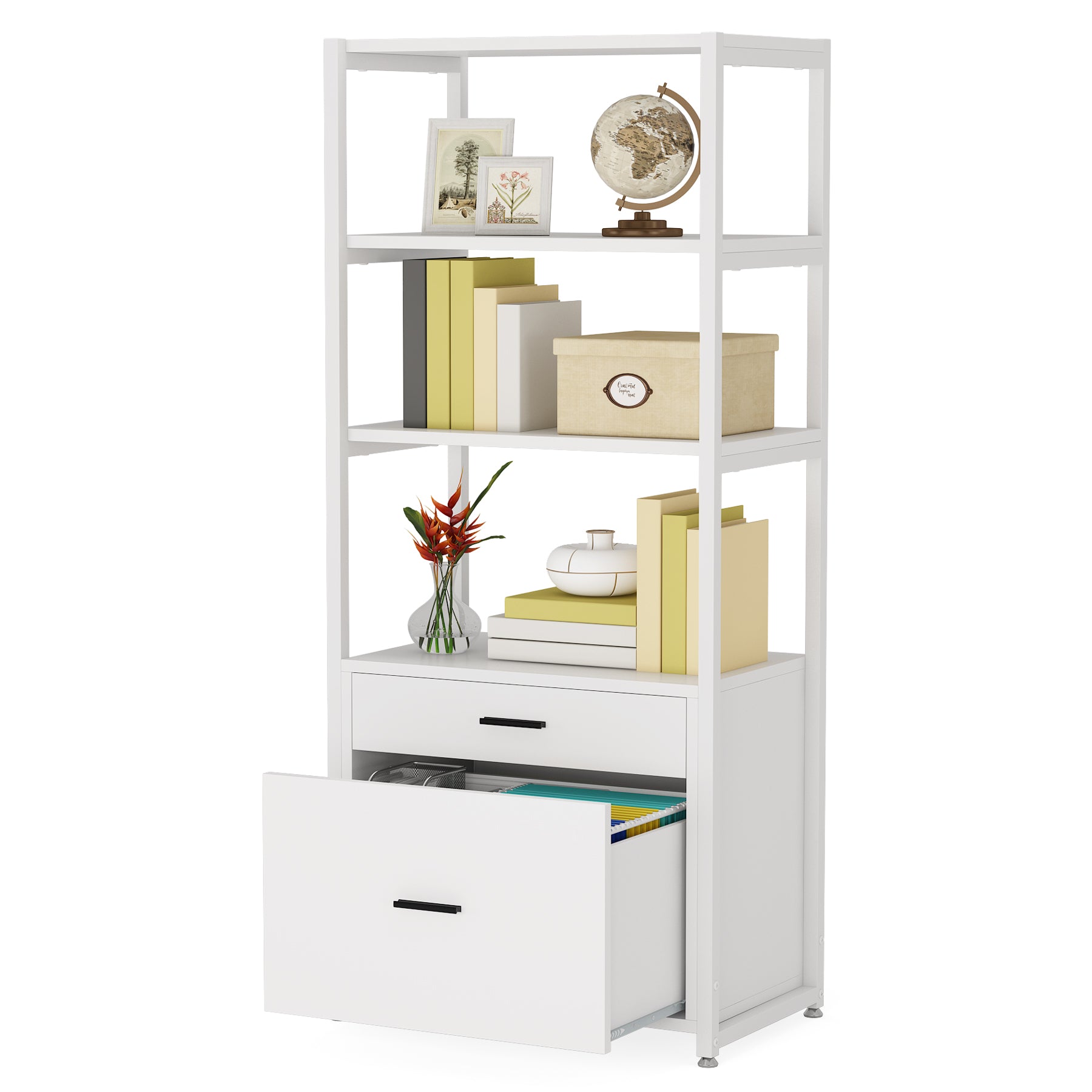 4-Tier File Cabinet, Modern Bookshelf with 2 Drawers