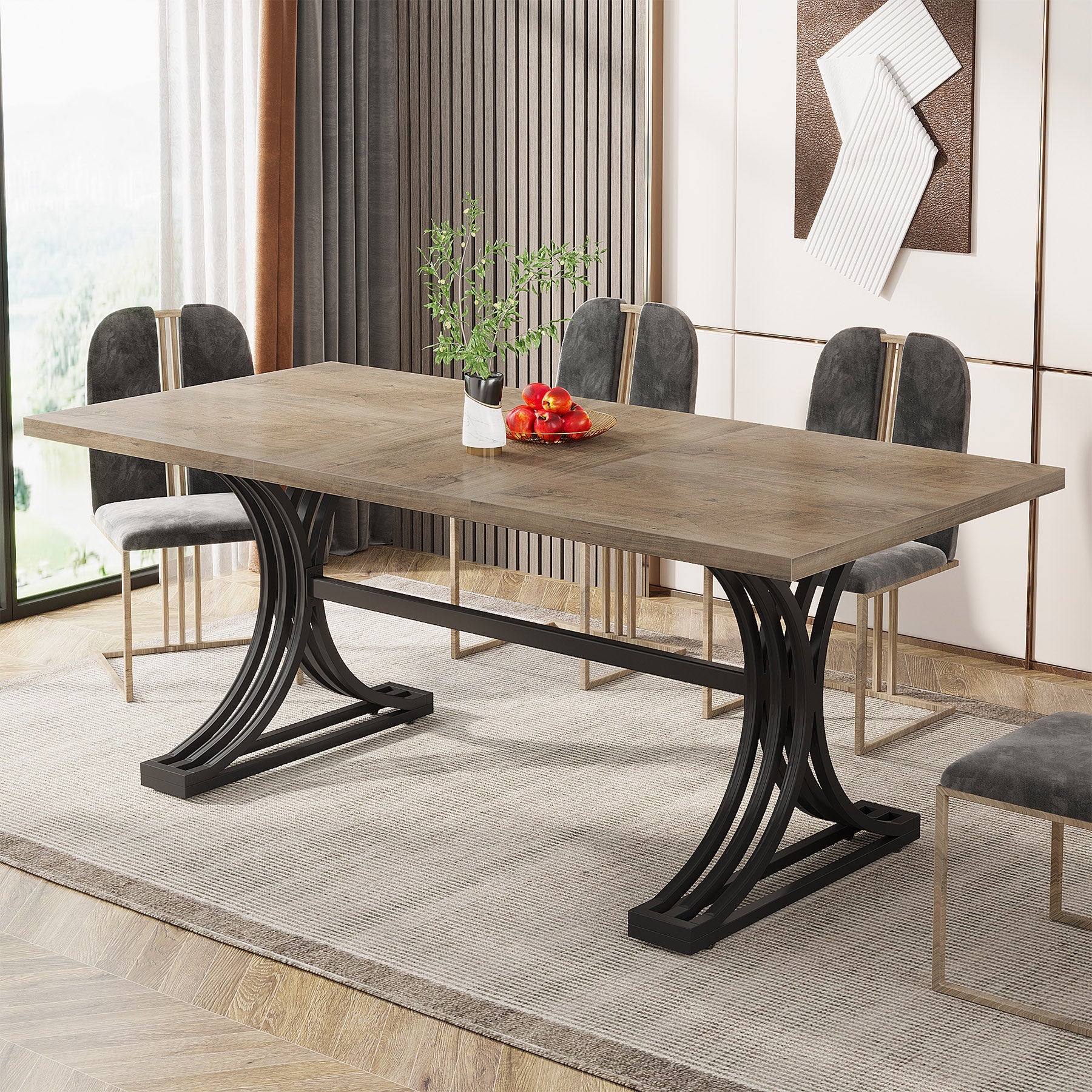 63'' Modern Dining Table with Faux Marble Tabletop & Metal Legs