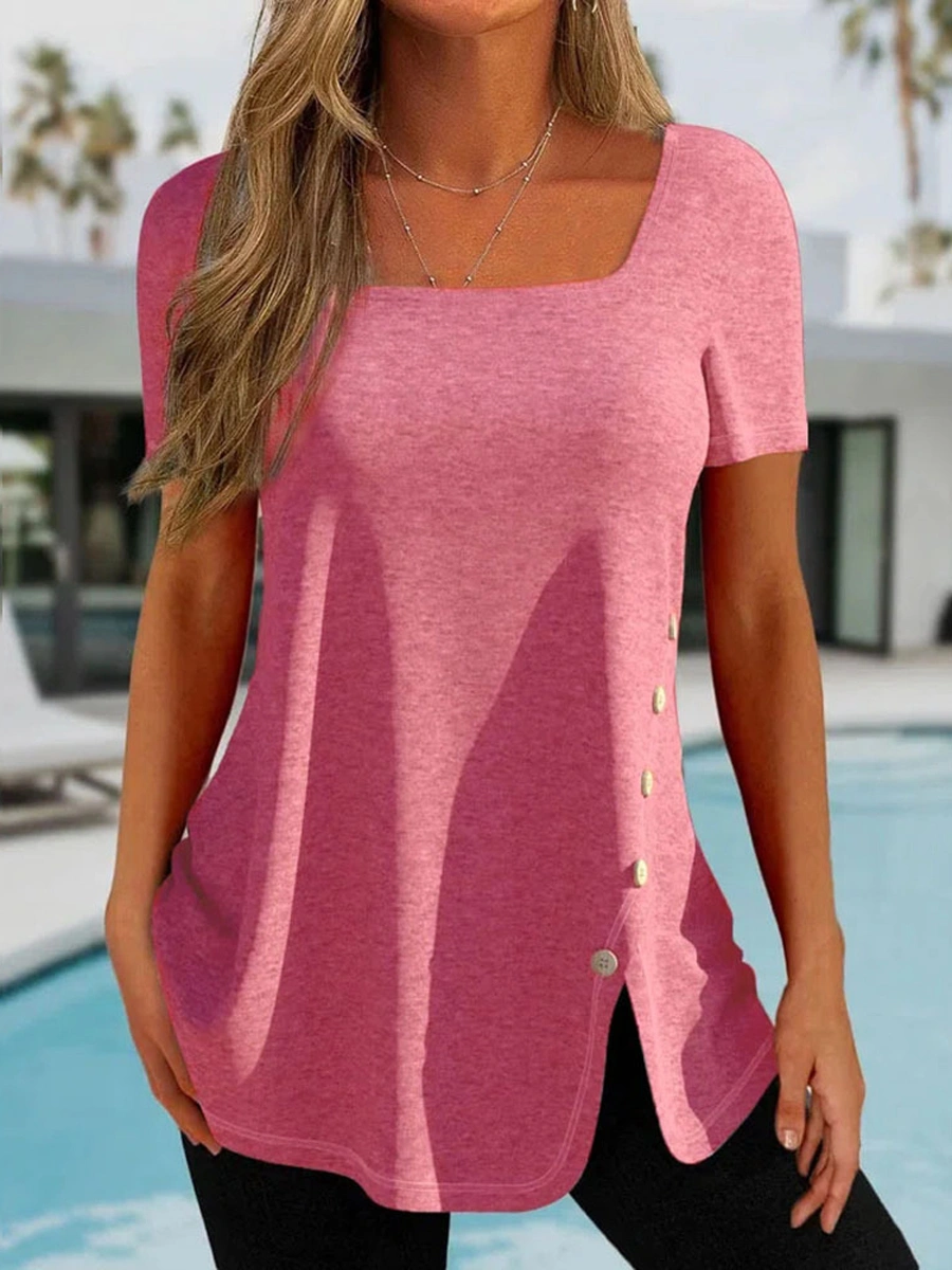 Casual Solid Color Square Neck Button Slit Short Sleeve T-Shirt
