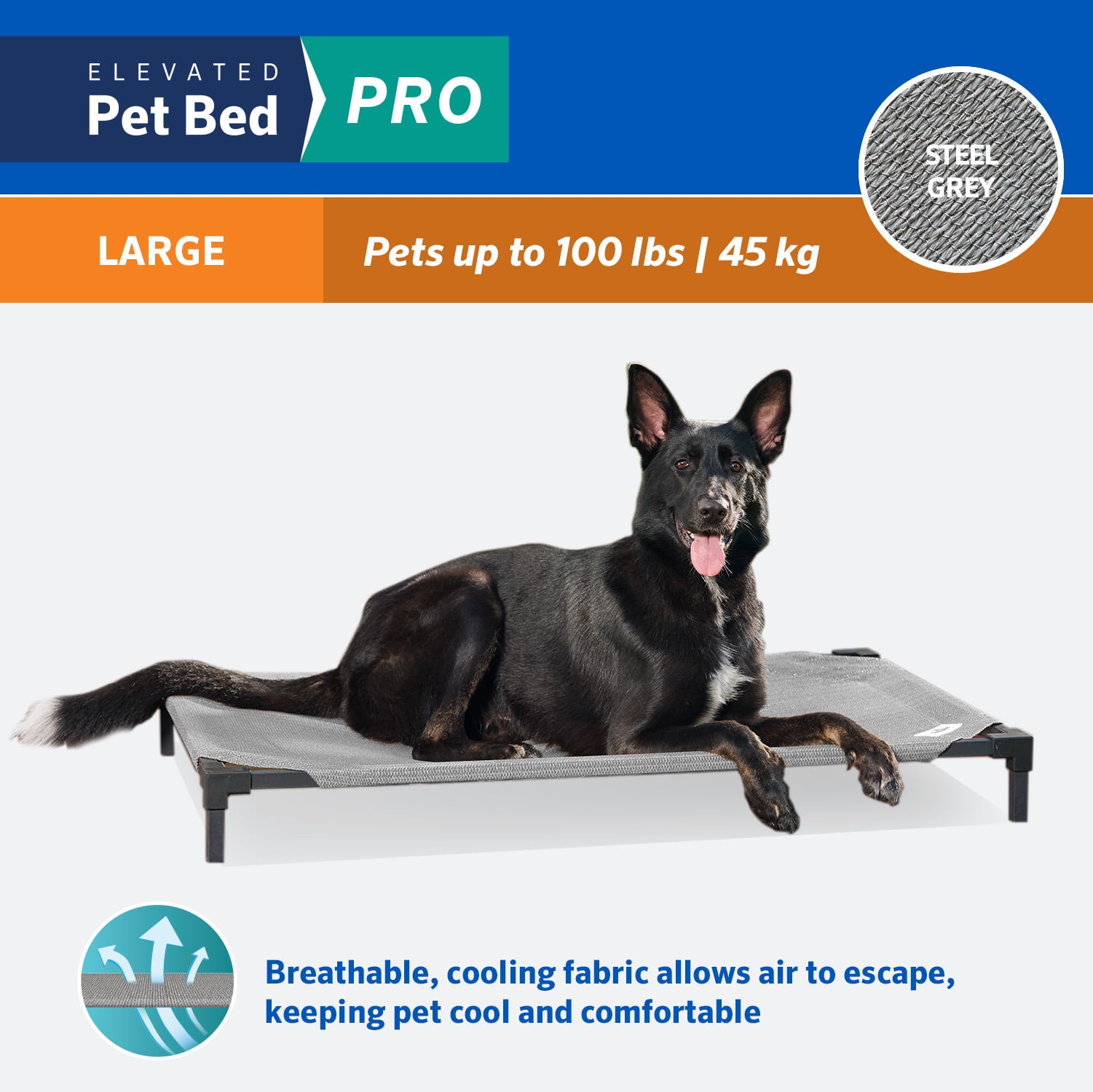 Coolaroo Cooling Elevated Pet Bed Pro， Large， Fits in 48in Crates， Steel