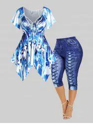 Tie Dye Cinched Handkerchief Tank Top and 3D Lace Up Jean Print Capri Leggings Plus Size Summer Outfit