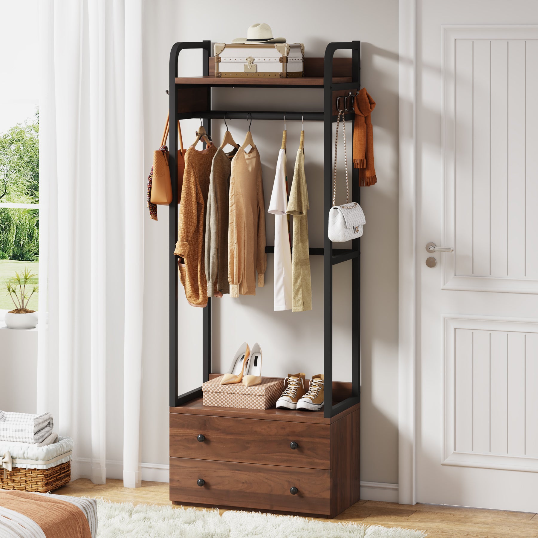 Freestanding Closet Organizer, Coat Rack with Drawers and Shelves