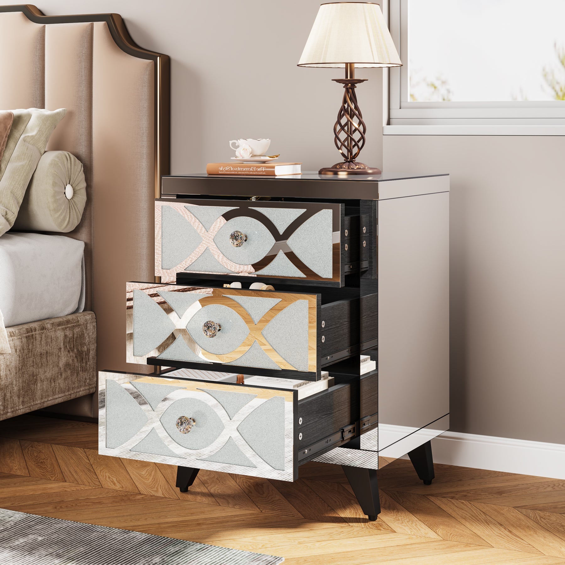 Mirrored Nightstand with 3 Drawers, Modern Bedside Table for Bedroom