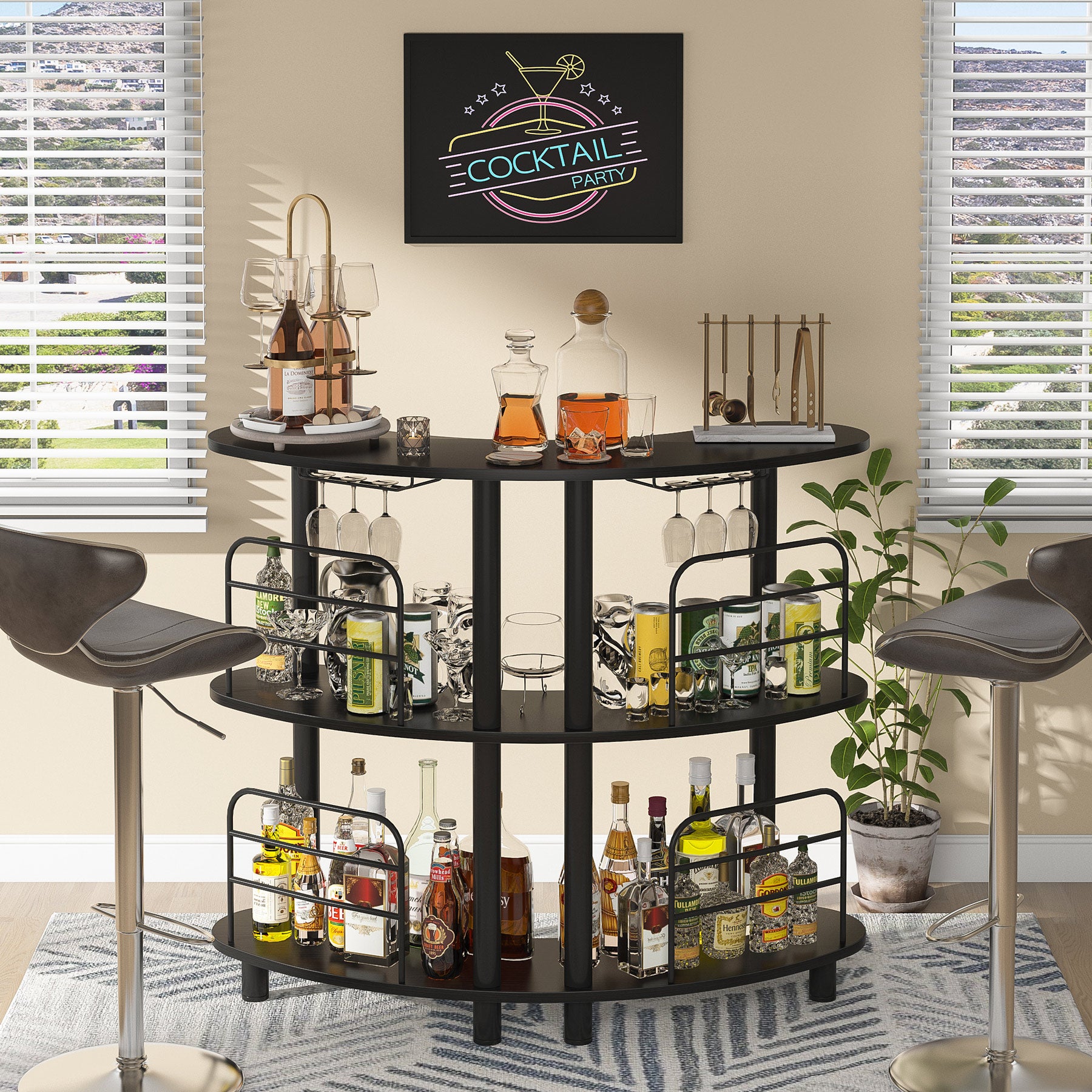 3-Tier Bar Unit, Liquor Bar Cabinet with Storage Shelves