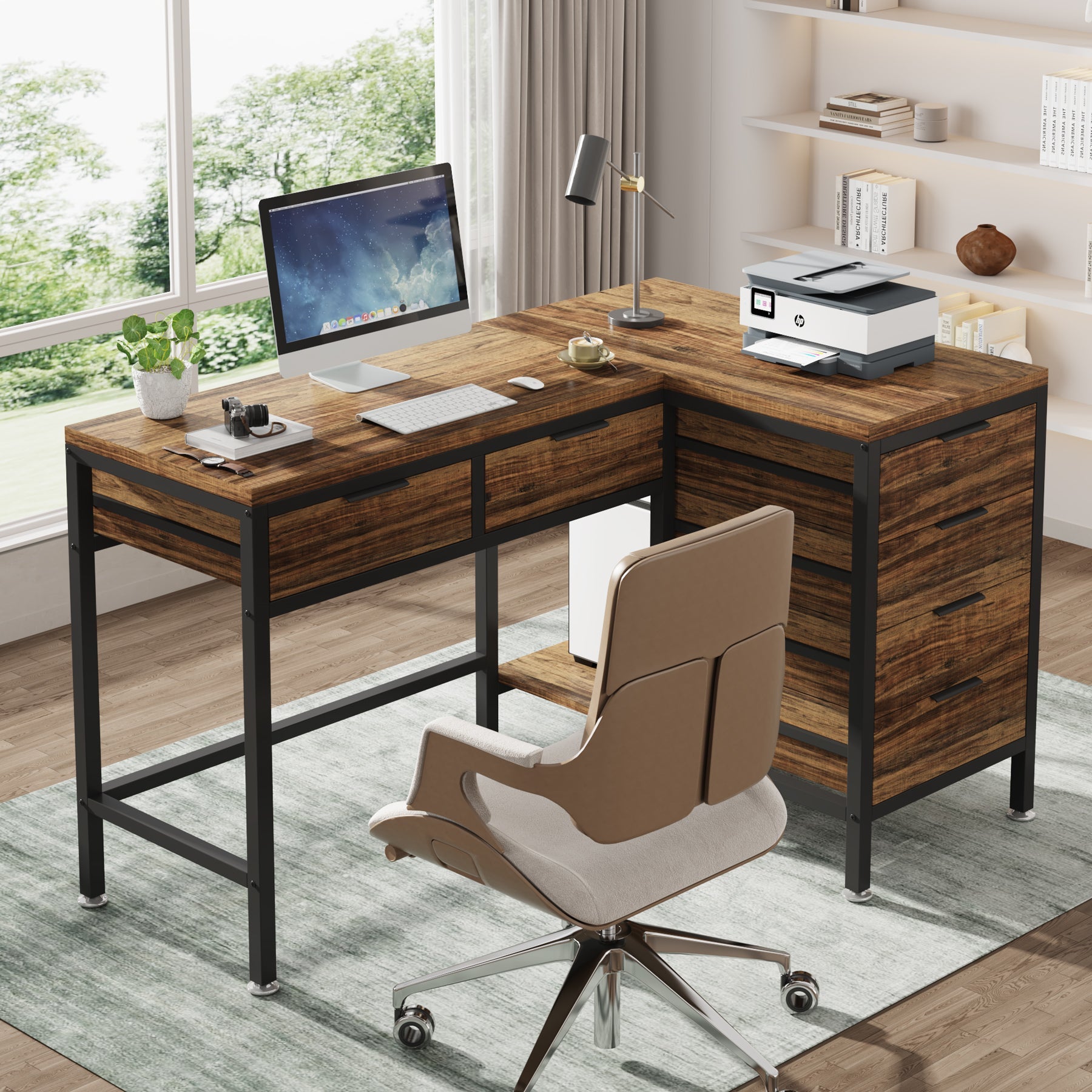 L-Shaped Desk with 6 Drawers, 47