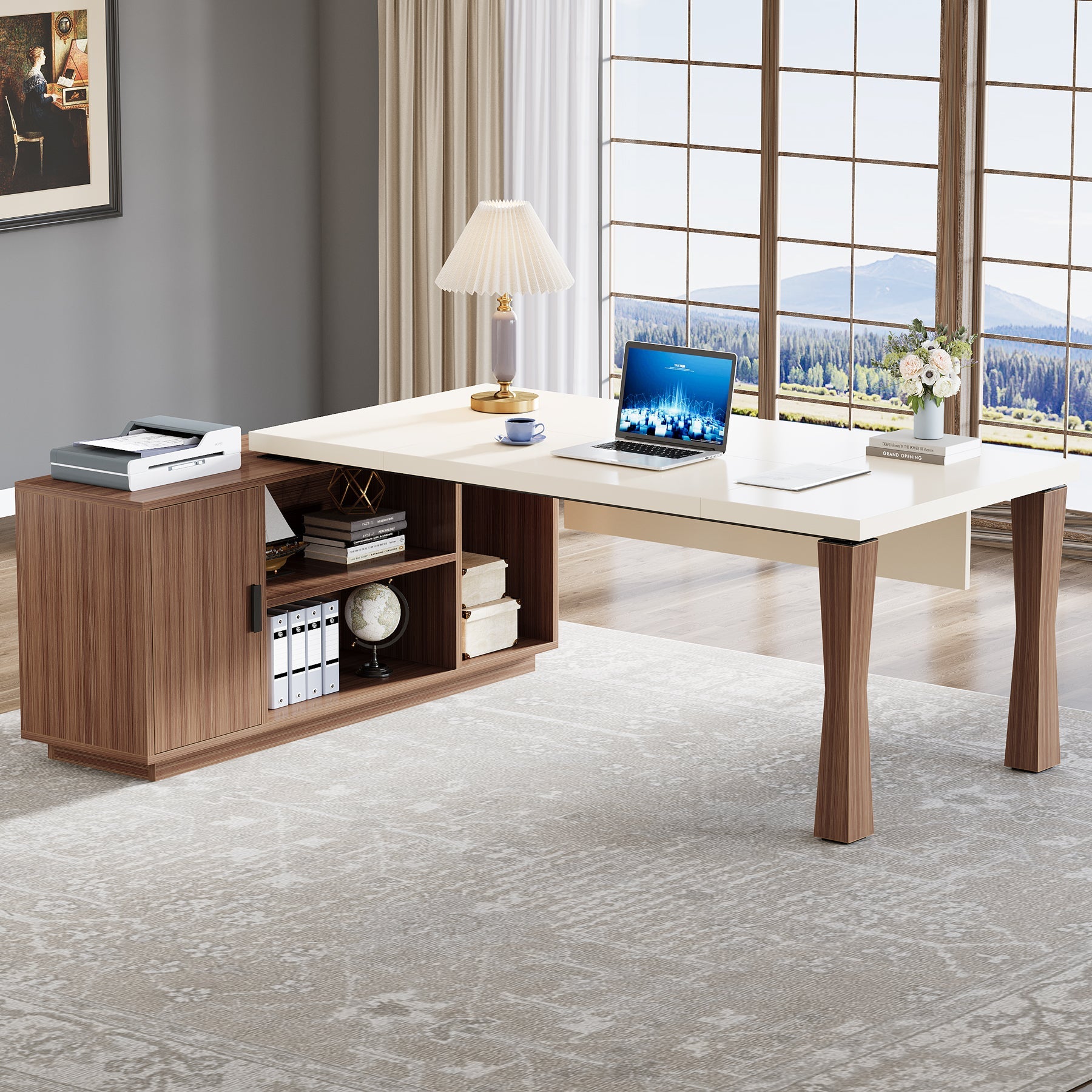 Large L-Shaped Desk, 71-Inch Executive Desk Computer Table with Cabinet