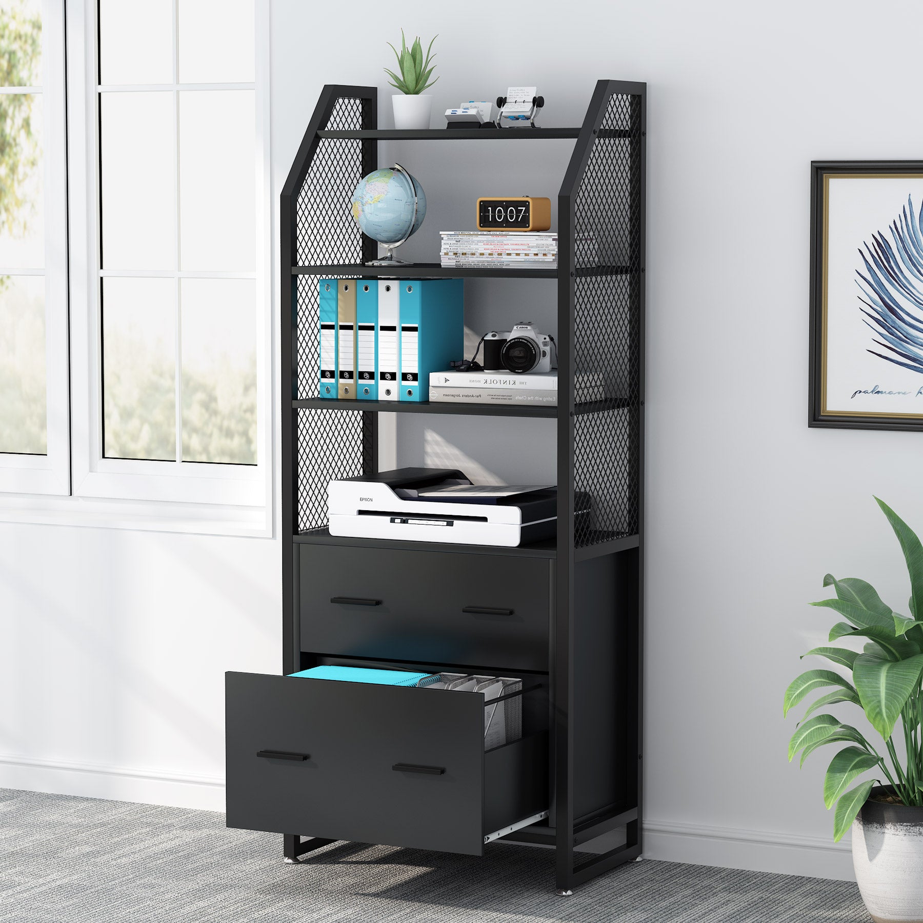 2-Drawer File Cabinet, Vertical Filing Cabinet with Bookshelf