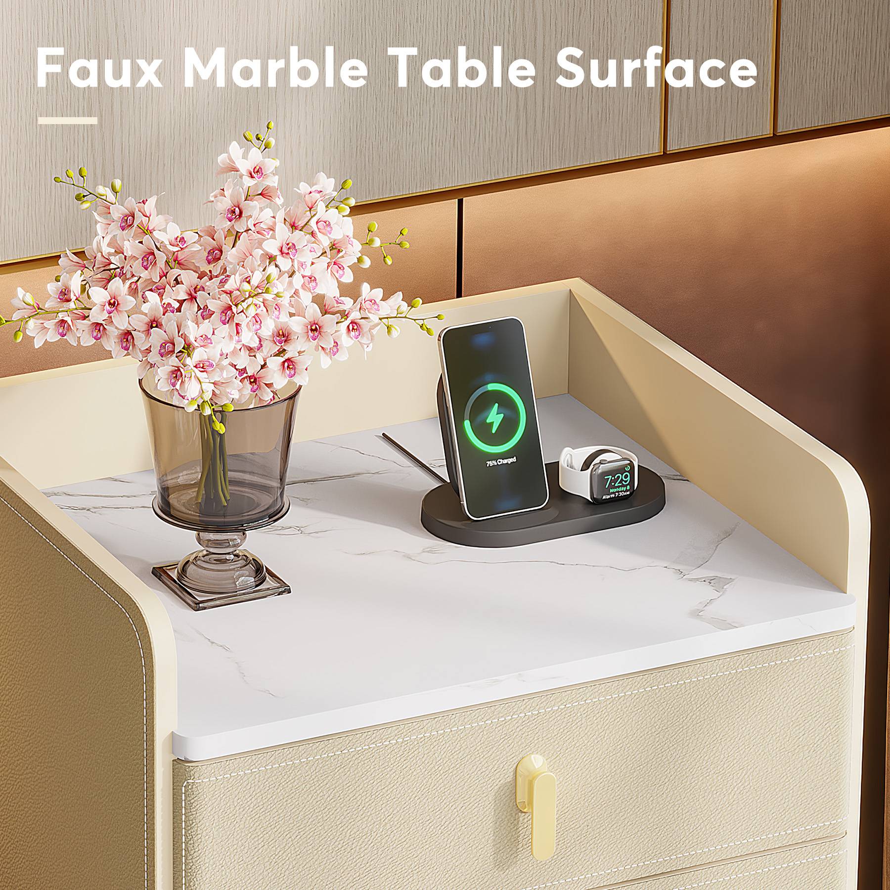 Nightstand with 3 Drawers, Modern Beside Table with Faux Marble Top