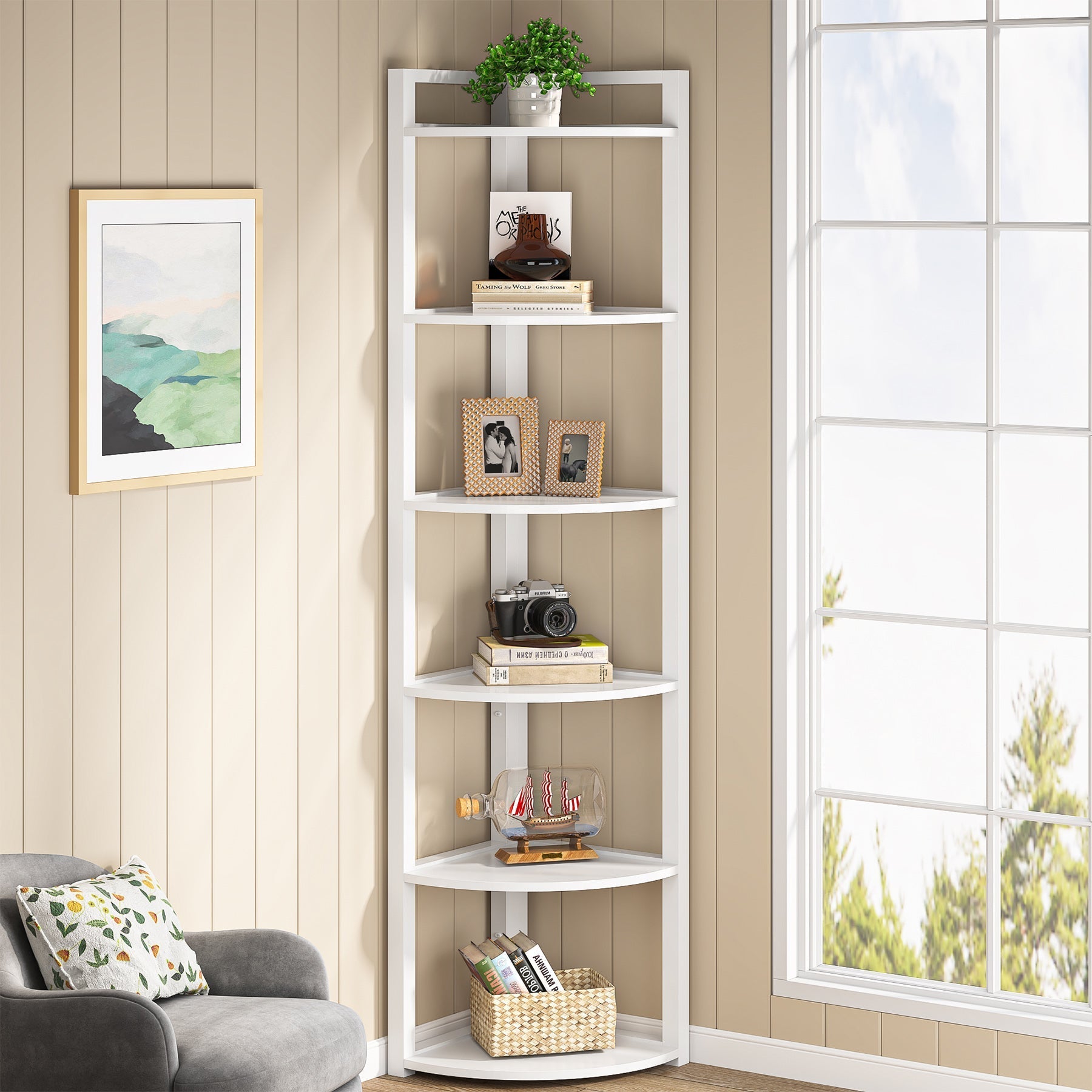 6-Tier Corner Shelf, Small Corner Bookshelf Storage Rack