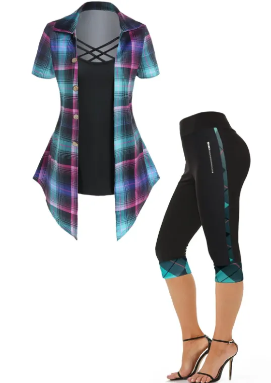 Plaid Print Asymmetric Pointed Hem Crisscross Short Sleeve Faux Twinset T Shirt And Capri Leggings Outfit