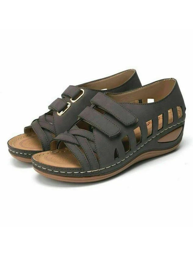 Vintage Casual Velcro Cutout Wedge Sandals