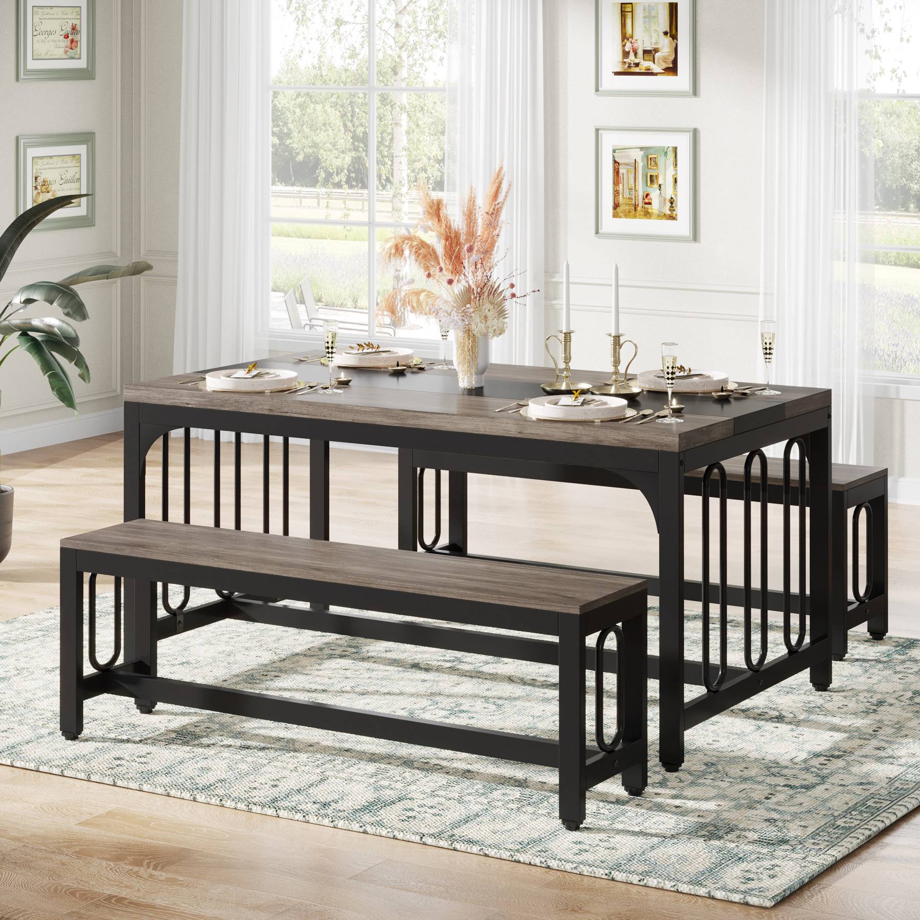 Dining Table Set, 3-Piece Kitchen Table with 2 Benches for 4-6 People