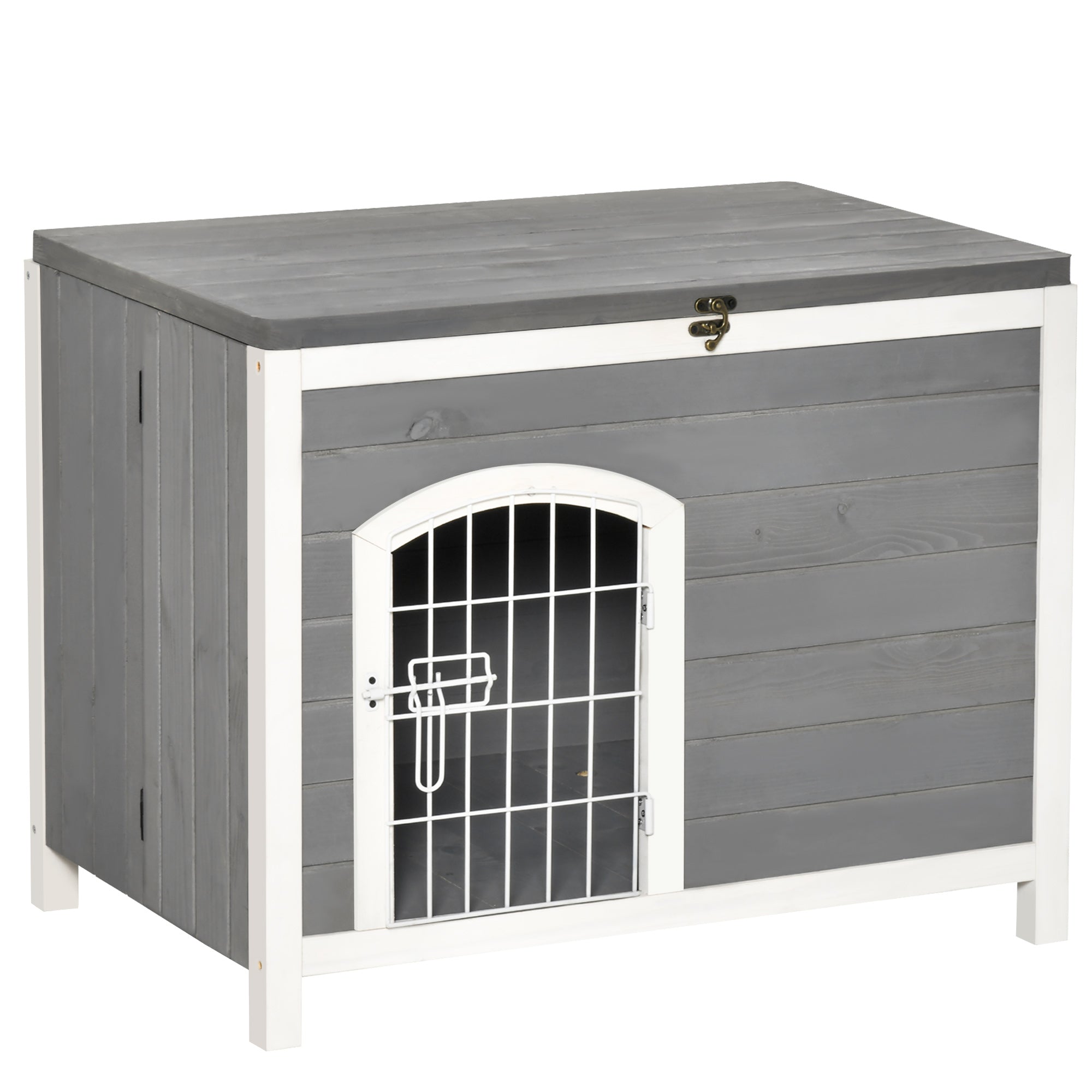 Andoer Foldable Raised Wooden Dog House Indoor and Outdoor Dog Cage Kennel Cat House w/ Lockable Door Openable Roof Removable Bottom for Small and Medium Pets Grey