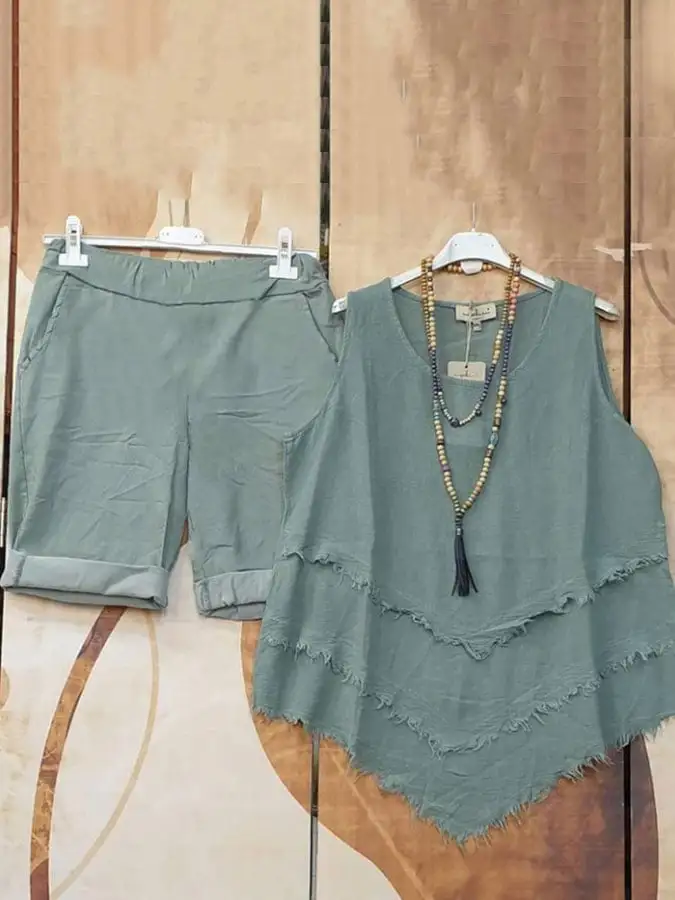 Women's Retro Casual Green Cotton Linen Short Sleeve Shorts Set