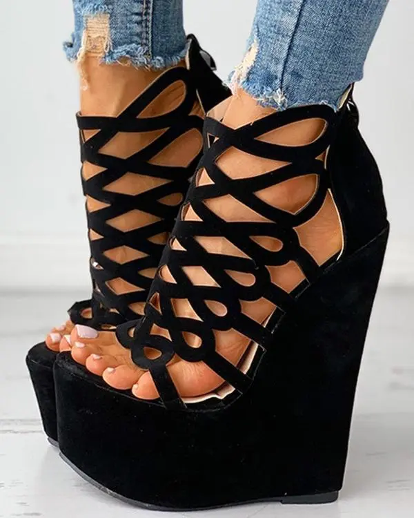 Cutout Suede Platform Wedge Sandals