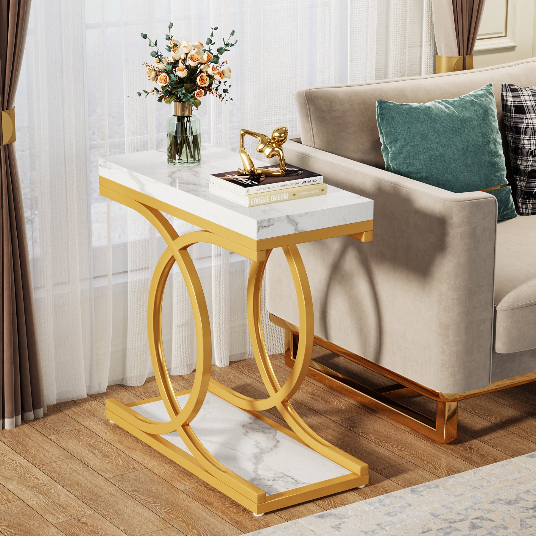 Modern End Table, Faux Marble Side Table Bedside Accent Table