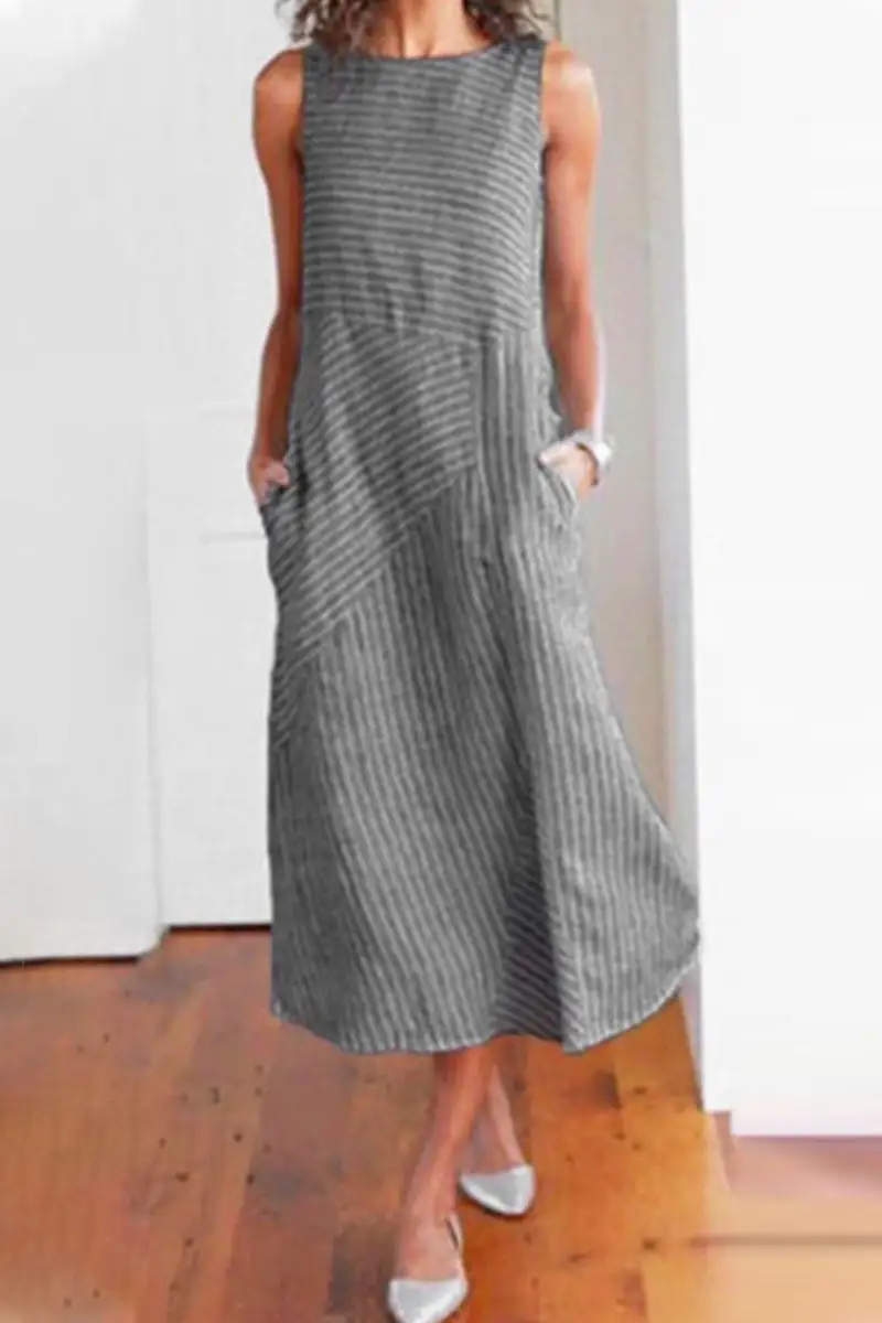 Fashion Street Striped Patchwork O Neck Sleeveless Dresses 6 colors