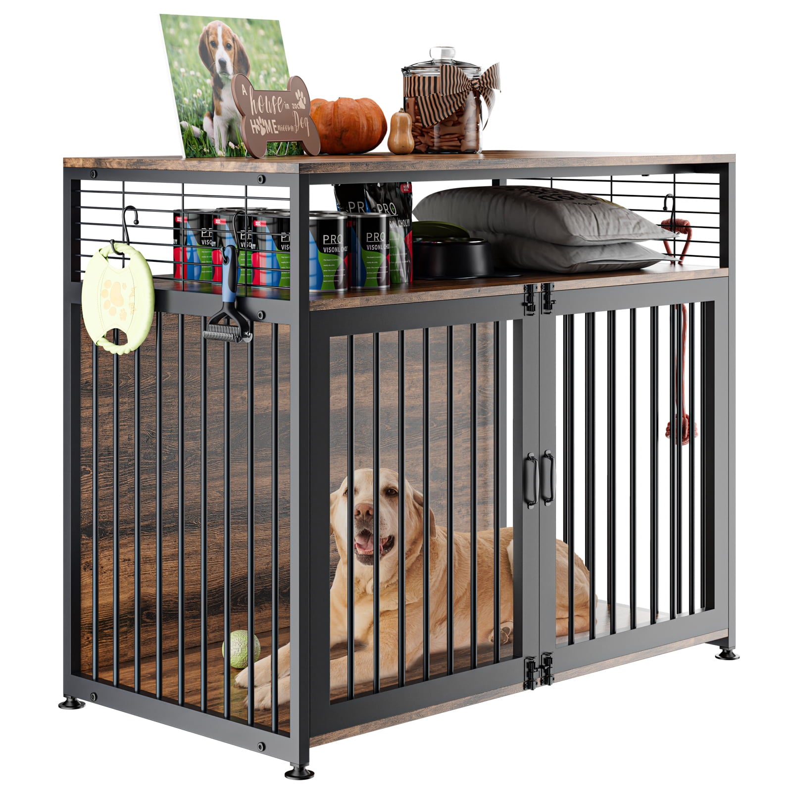 LILYPELLE Dog Crate Furniture， Heavy Duty Dog Cage Indoor Dog Kennel Furniture Style， Double Doors Dog House for Small/Medium/Large Dog