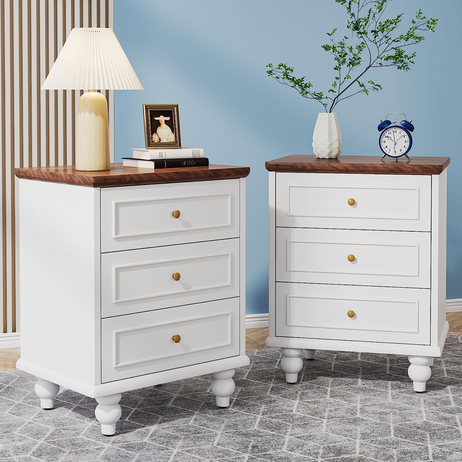 Wooden Nightstand, 3-Drawer Bedside Table with Solid Wood Legs