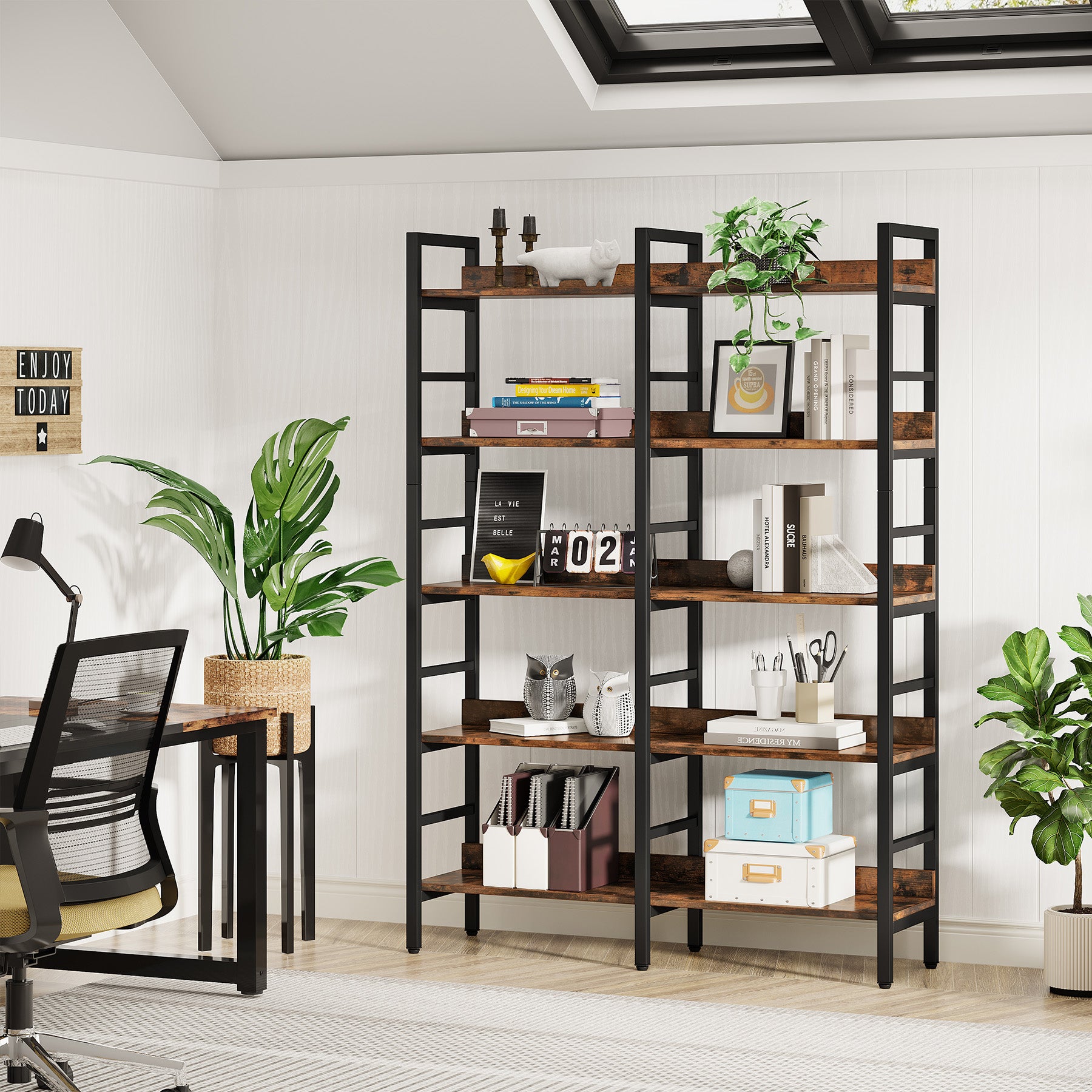 5-Tier Bookshelf, Double Wide Bookcase Storage Shelves Unit