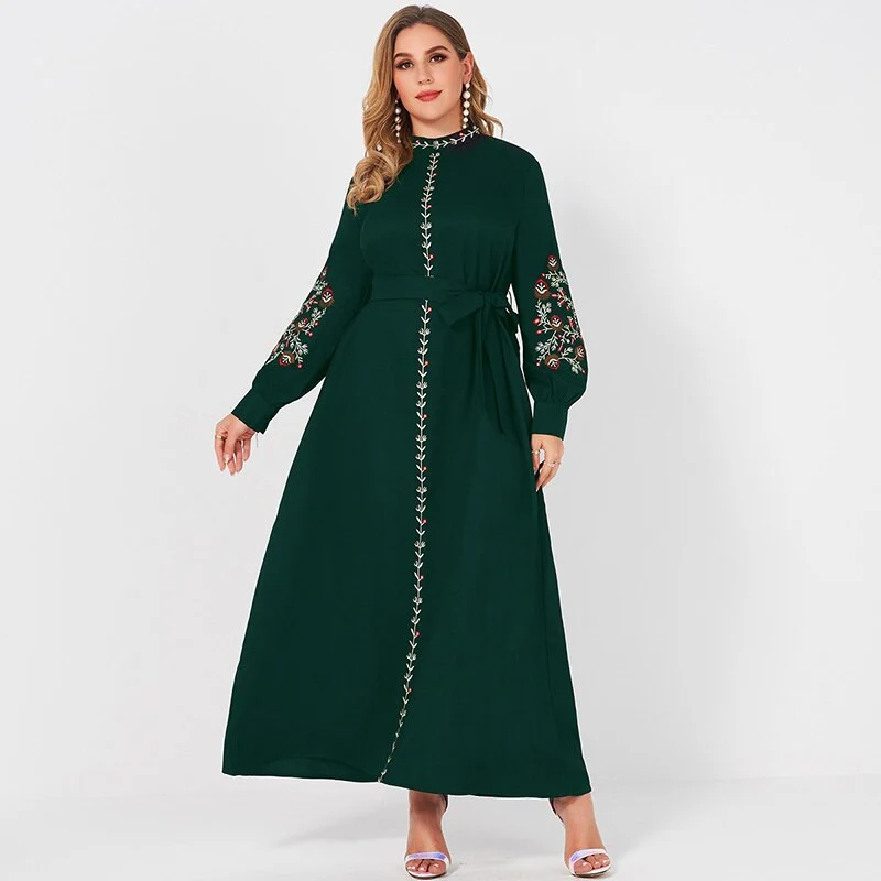 2021 New Summer Dress Woman Plus Size Dark Green Resort Stand Collar Floral Embroidery Long Sleeve Loose Sashes Elegant Robes