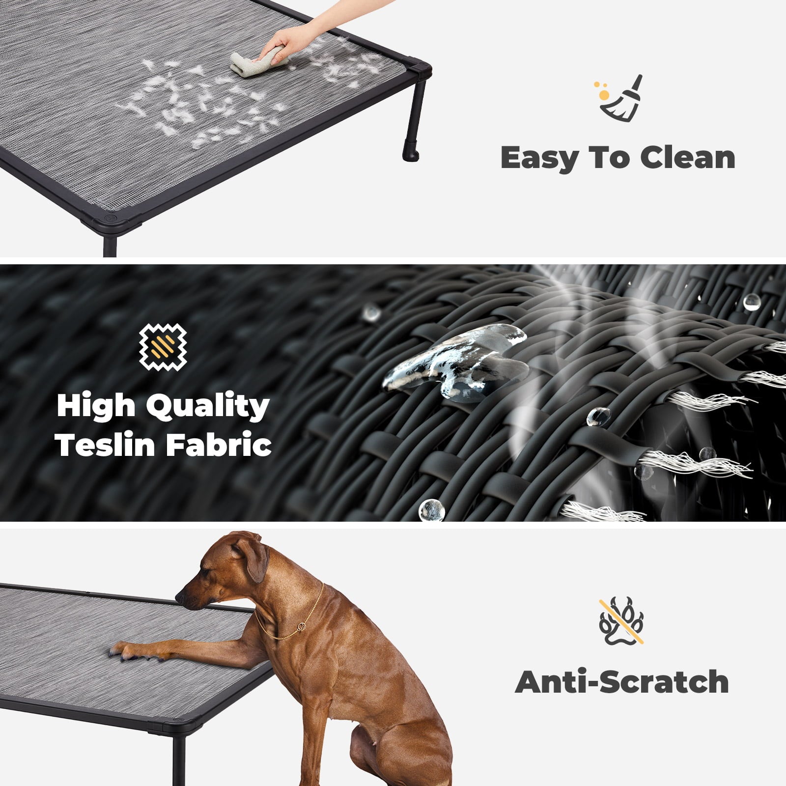 Veehoo Chewproof Dog Bed， Cooling Raised Dog Cots with Black Metal Frame， X Large， Black Silver
