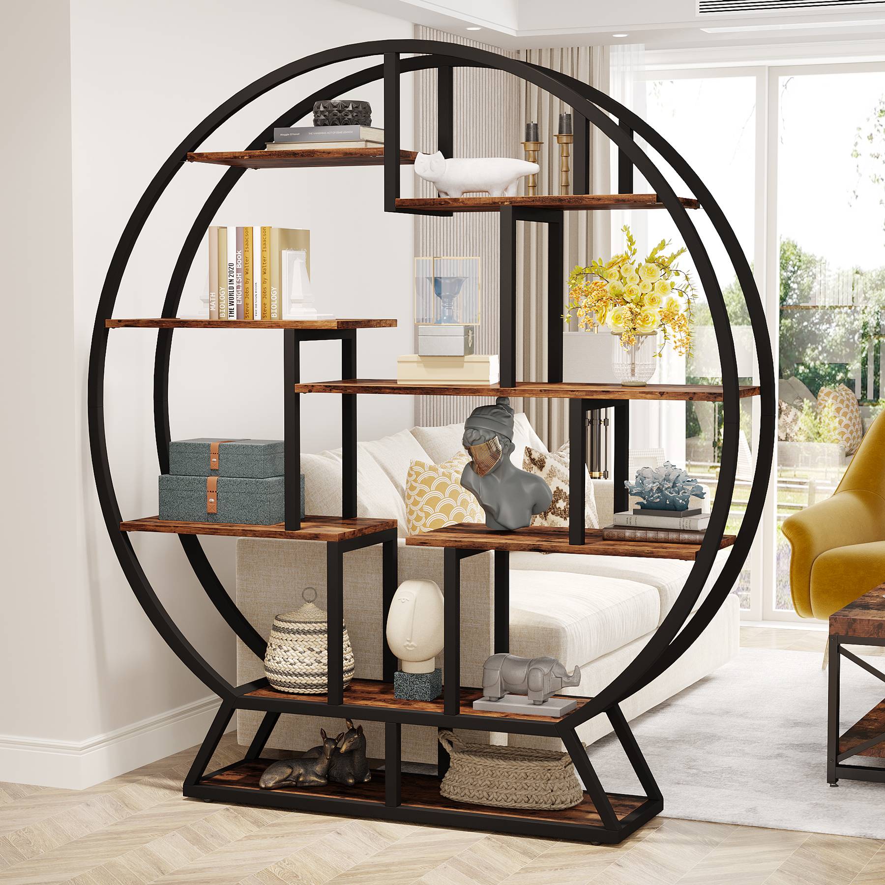 Round Bookshelf, 63 Inch Etagere Bookcase with Staggered Shelves