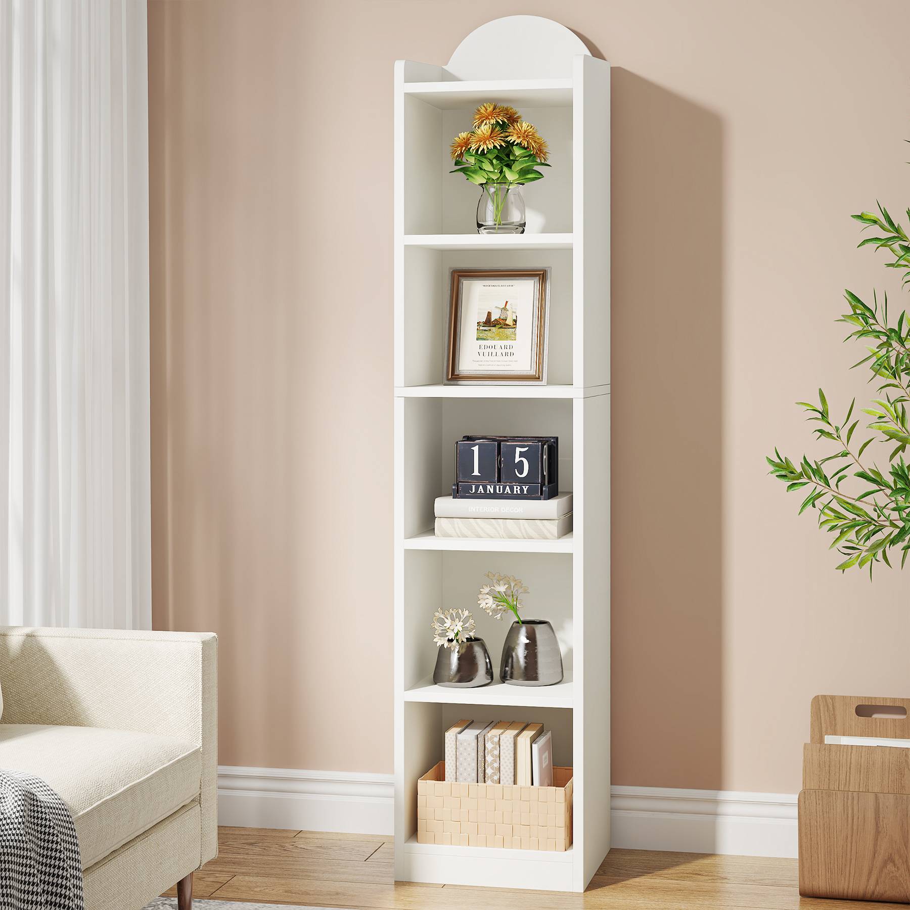 5 Cube Bookcase, Narrow 6-Shelf Storage Organizer Bookshelf