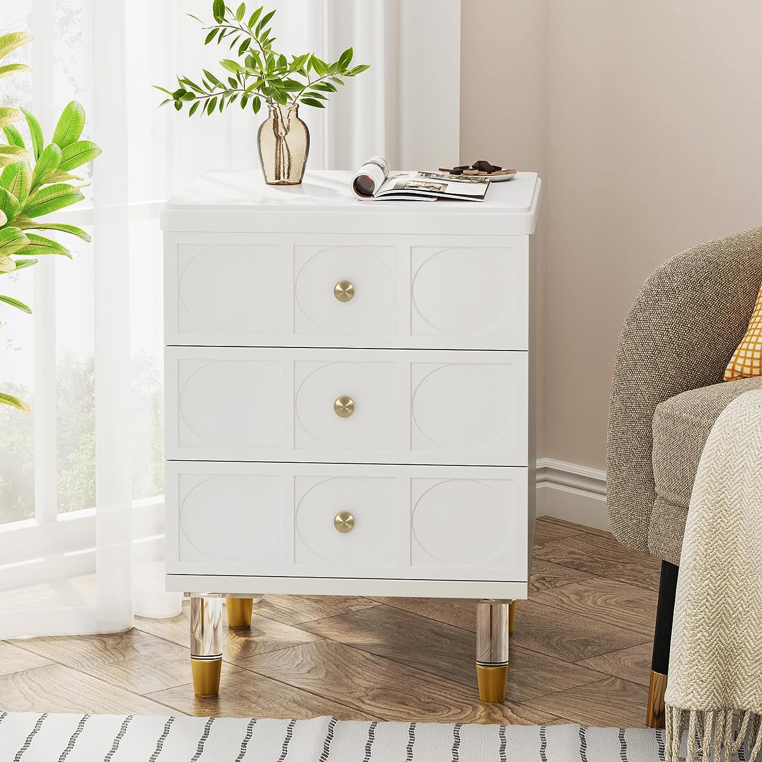 3-Drawer Nightstand Bedside Table with Acrylic Metal Legs