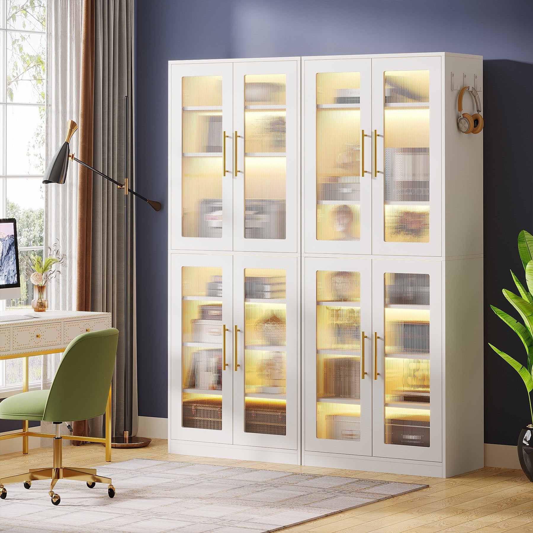 67-inch Bookcase, 8-Tier Bookshelf with Acrylic Doors and LED Light