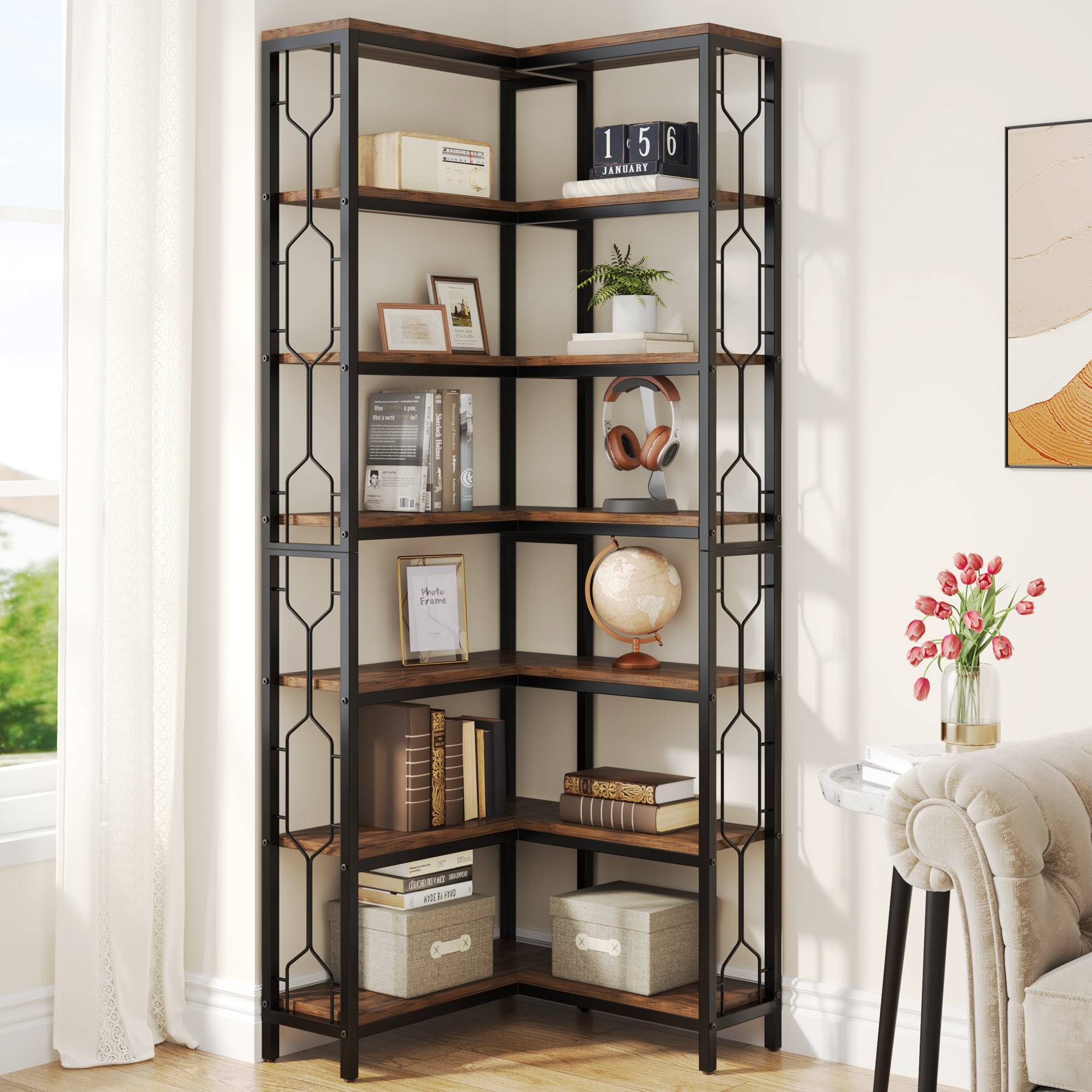 7-Tier Corner Bookshelf, Industrial Corner Etagere Bookcase