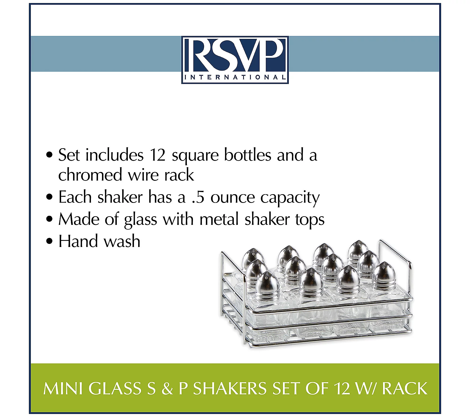 RSVP Set of 12 Mini Glass Salt and Pepper Shakers with Rack