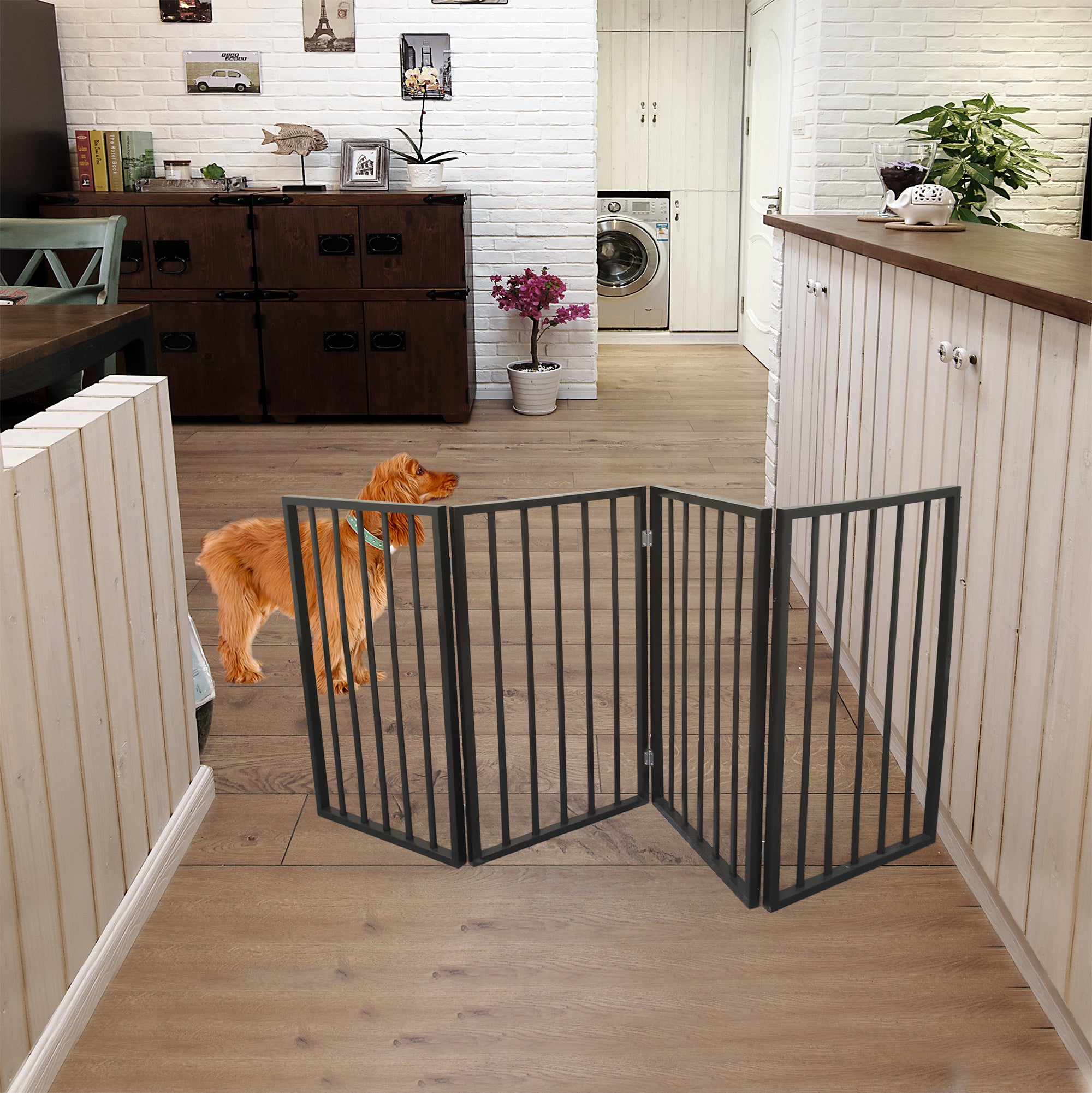 KAINSY Wood Freestanding Pet Gate， Home Traditional Pet Gate 4 Panel - 24 Inch Step Over Fence - Free Standing Folding Z Shape Indoor Doorway Hall Stairs Dog Puppy Gate