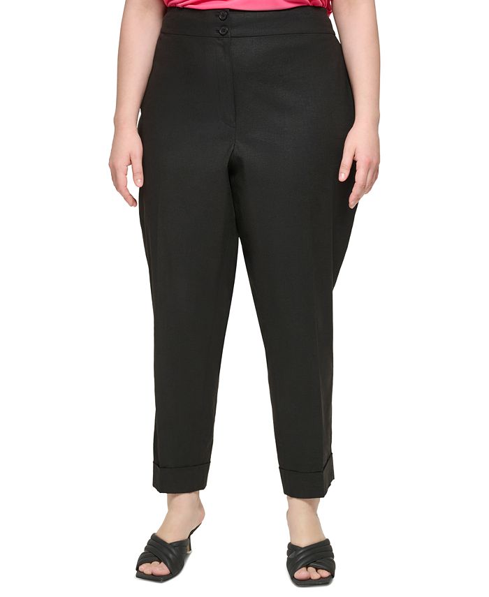 Plus Size Cuffed Linen Straight-Leg Ankle Pants