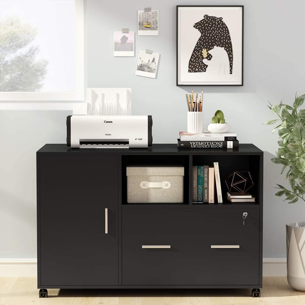 Lateral File Cabinet Printer Stand with Wheels and Shelves