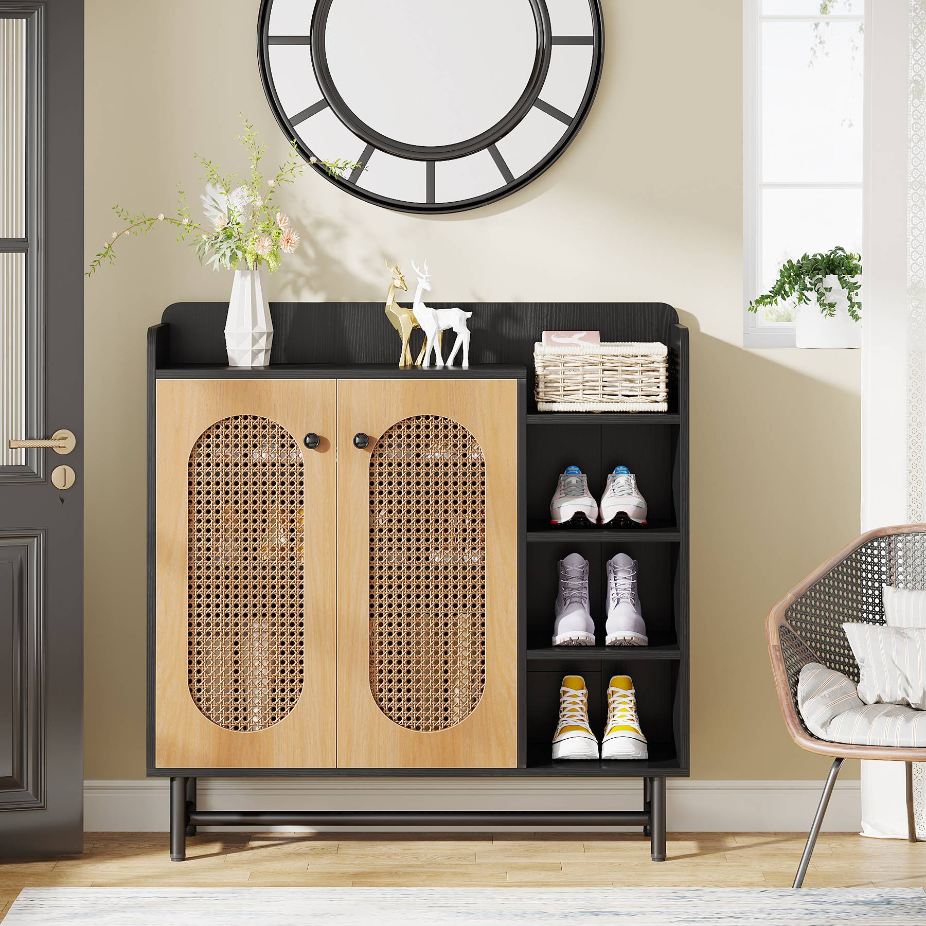 Rattan Shoe Cabinet, Shoe Storage Organizer with Doors & Open Shelves