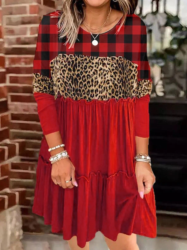Ladies Leopard Plaid Long Sleeve Dress