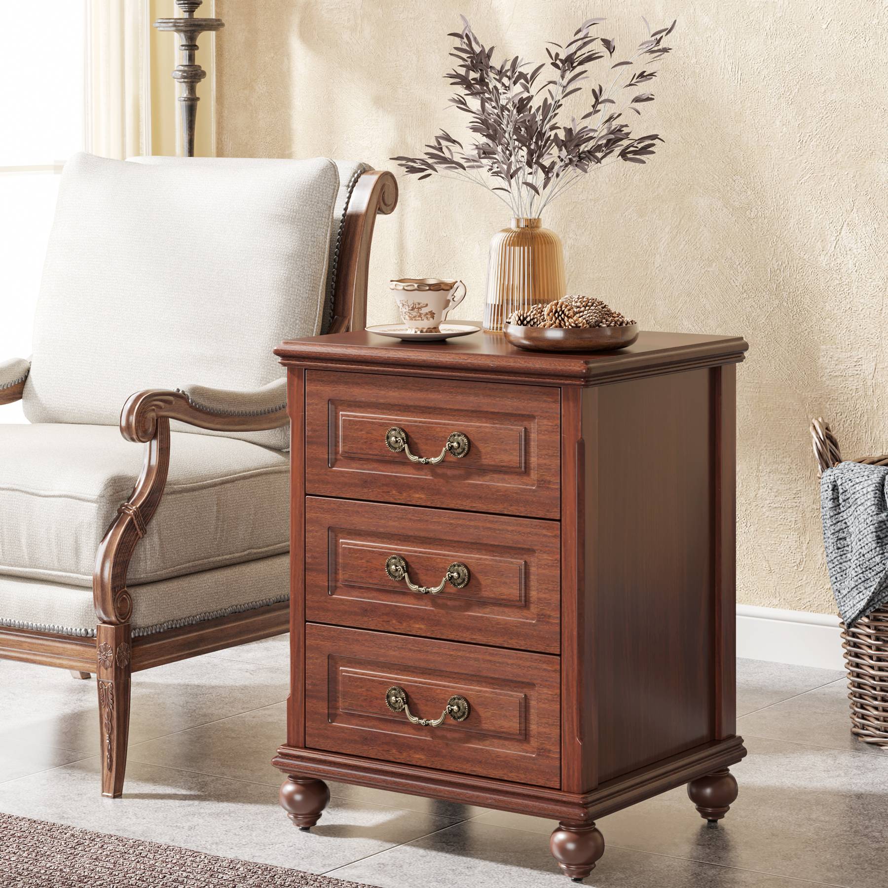 Wood Nightstand, Traditional Bedside Table End Table with 3 Drawers