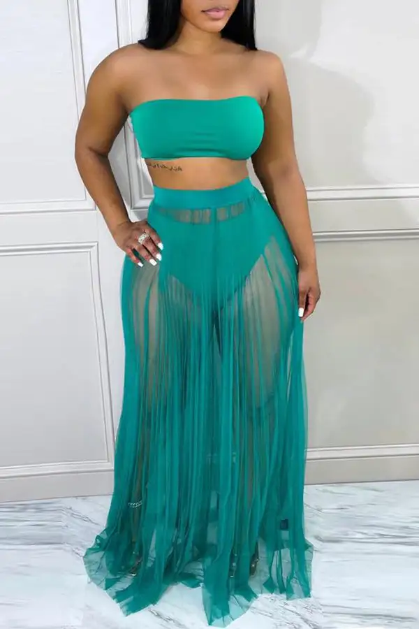 Sexy Hollow Tube Top Solid Color Mesh Perspective Long Skirt Suit