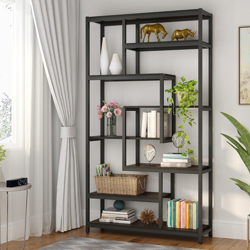 8-Shelf Staggered Bookshelf,  Industrial Etagere Bookcase