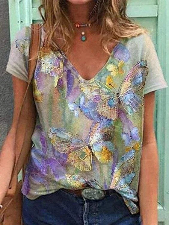 Women's Floral Butterfly Print Tee Shirt