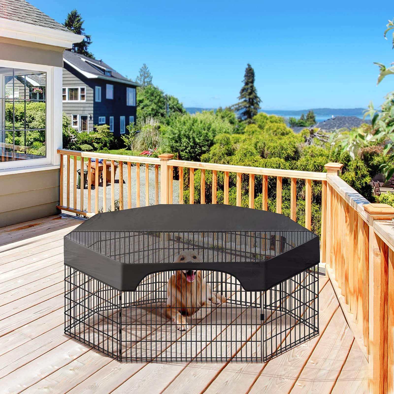 Pet Playpen Cover，24 Inches 8 Panels Dog Playpen Cover for Pets，420D Half Mesh Top Cover for Dog Playpen，Provide Shaded Areas Prevent Escape Outdoor Indoor Dog Pen Cover (Playpen Not Included)