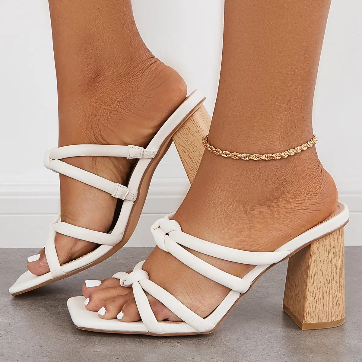 Square Toe Chunky High Heeled Mules Slip on Backless Sandals